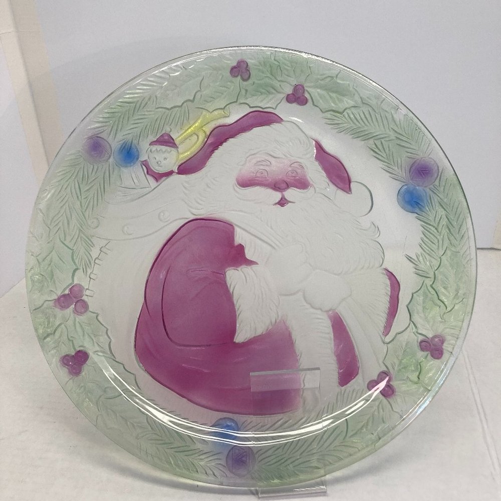 glass Santa Platter Christmas Village 13 inch